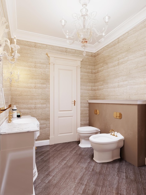 Classic style bathroom with toilet and bidet in beige and yellow. 3D rendering.