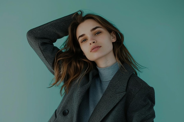 Classic style highlighted by a Beautiful woman in a charcoal gray jacket captured in a studio with a cool mint background showcasing contemporary chic