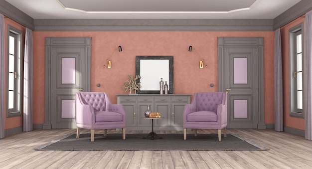 Classic style living room with purple armchair