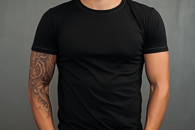 Classic style man dons sleek black tee epitomizing timeless casual elegance