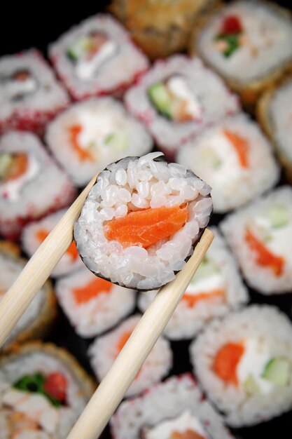 Classic sushi rolls with rice and salmon