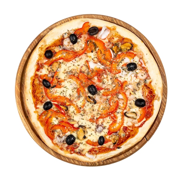 Classic thin pizza with seafood mozarella pepper on white background