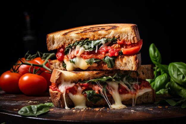 A classic tomato and mozzarella sandwich with fresh basil