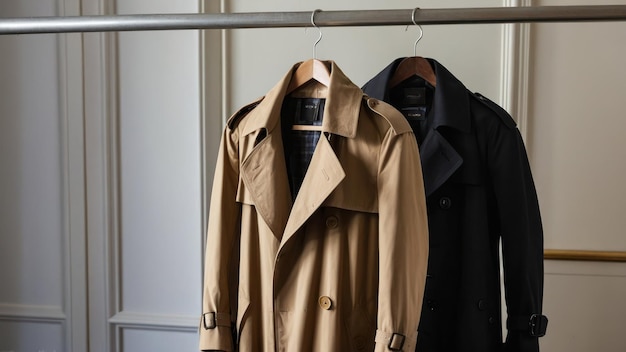 Classic trench coats hanging neatly on a wooden wardrobe rack