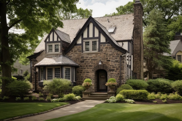 Classic tudor house with black shutters and stone exterior surrounded by manicured lawn