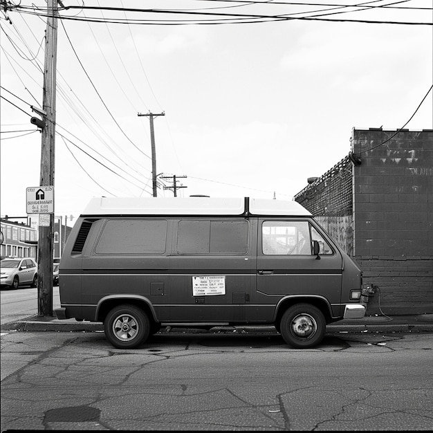 Photo classic van with a vintage black and white sign