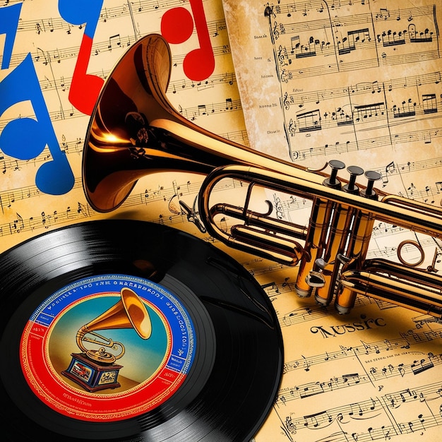 Photo classic vibes vinyl record and brass trumpet in a vintage melody