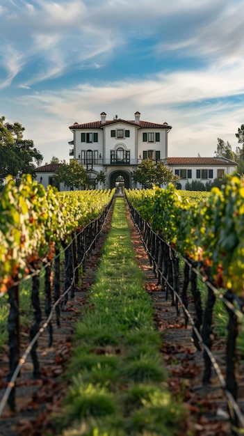 Photo a classic vineyard estate with rows of grapevines leading up to an elegant manor