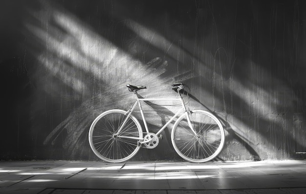 Photo a classic vintage black and white photograph featuring a single bicycle leaning against a wall in the sunlight evoking feelings of nostalgia and simplicity