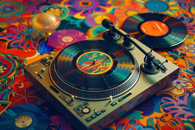 A classic vinyl record player on a bright abstract background