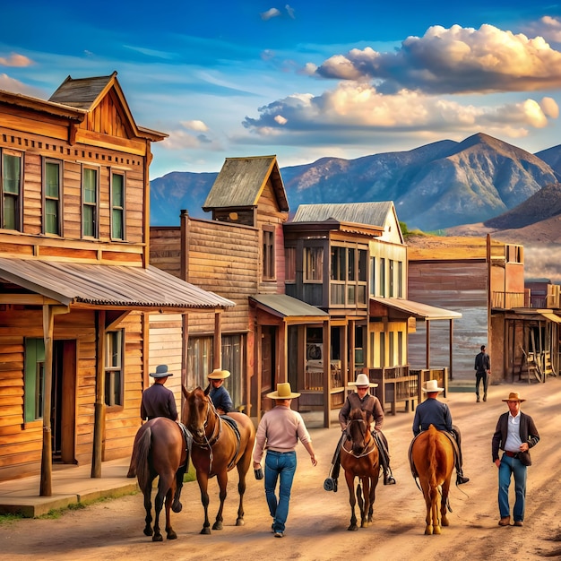 a classic western town with cowboys and saloons