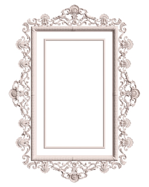 Classic white frame with ornament decor isolated on white background. Digital illustration. 3d rendering