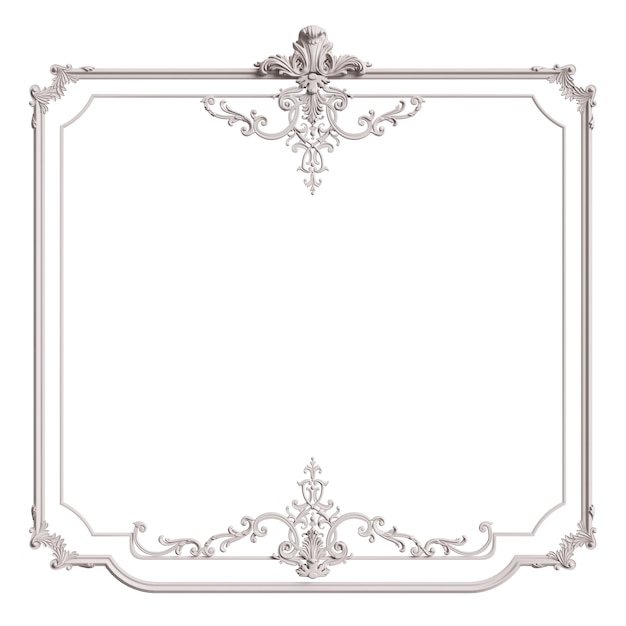 Classic white frame with ornament decor isolated on white background. Digital illustration. 3d rendering