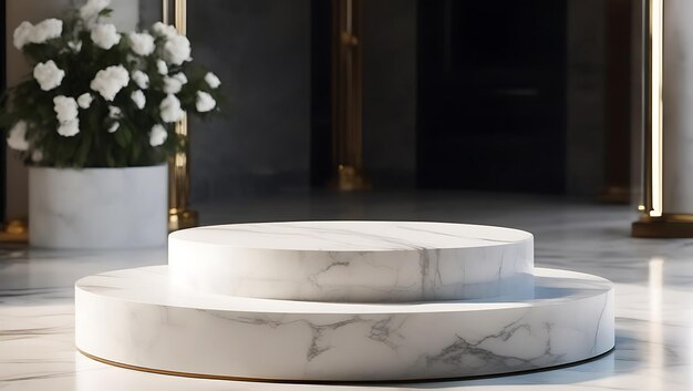 Photo classic white marble top 3d podium with modern base in luxury venue