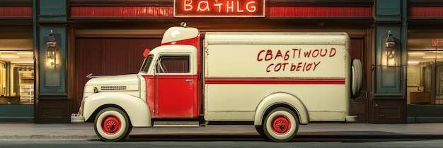 Photo a classic white and red mobile bakery truck with vintage signage parked on a city street the t