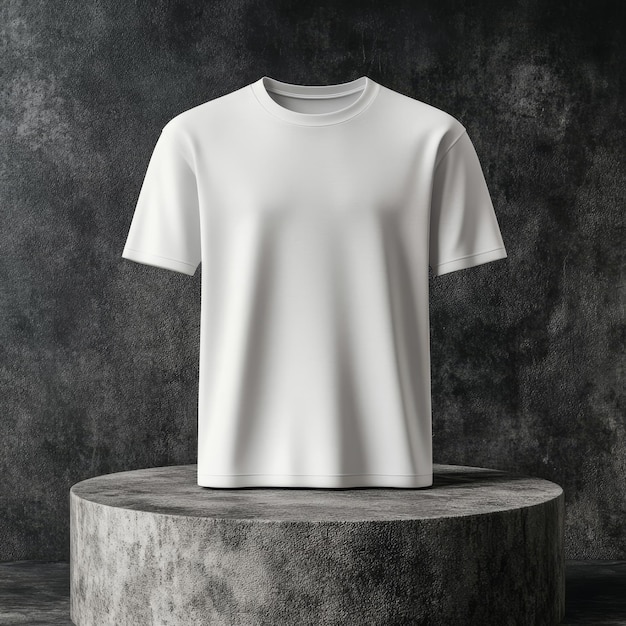 Classic White TShirt Mockup Displayed on Concrete Podium Modern Minimalist Fashion Presentation