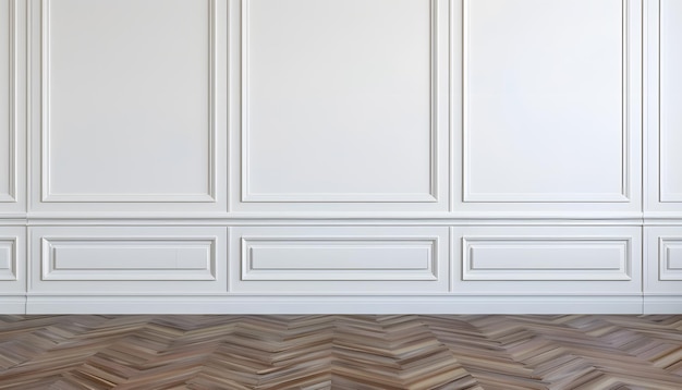 Classic white wall panels moldings and wooden floor simple minimalist background