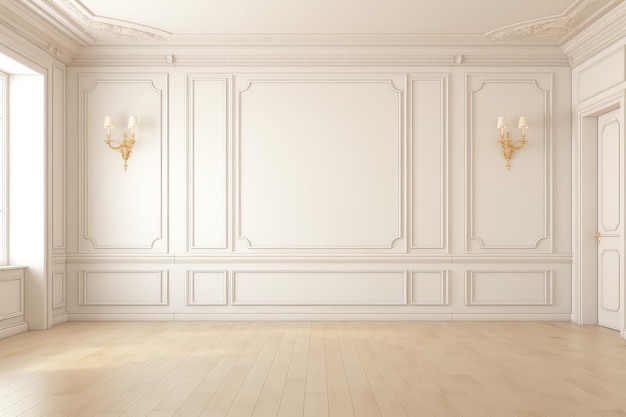 Classic white wall with mouldings and parquet floor