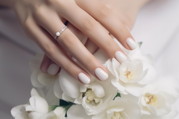 Classic white wedding nail manicure with flowers generated by AI