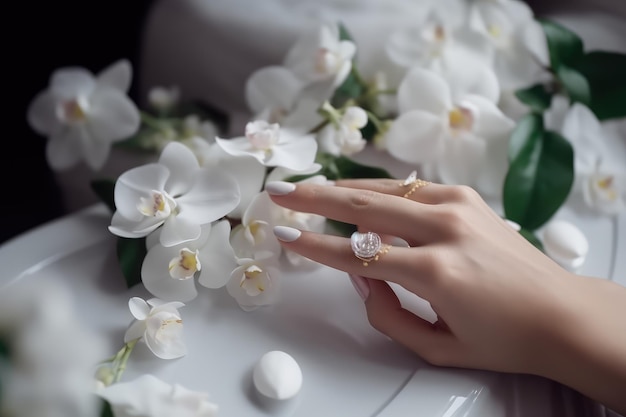 Classic white wedding nail manicure with flowers