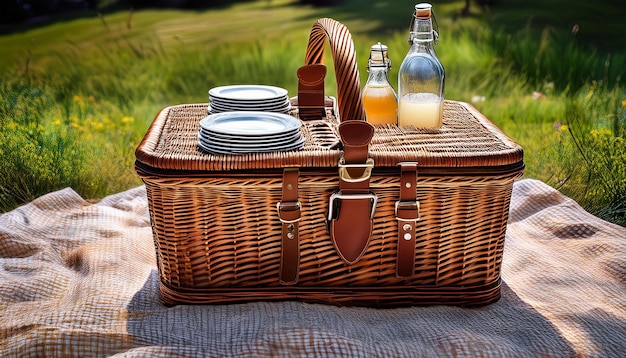 Photo classic wicker picnic basket with leather straps and brass buckles