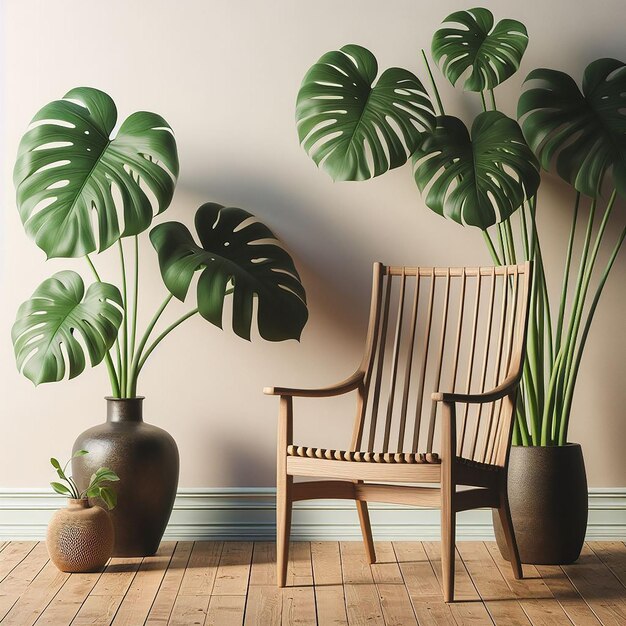 Photo classic wooden chair by monstera plant