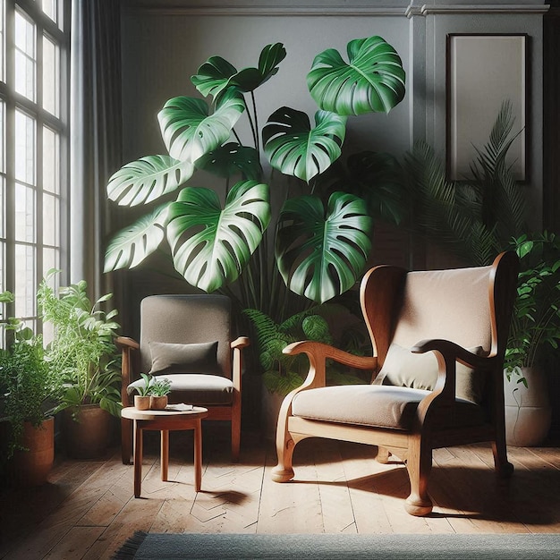 Photo classic wooden chair by monstera plant