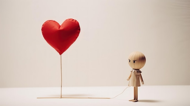 Classic wooden dummy holds red little heart for Valentine Generative AI