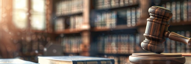 Photo classic wooden gavel on law books in a traditional courtroom setting generative ai