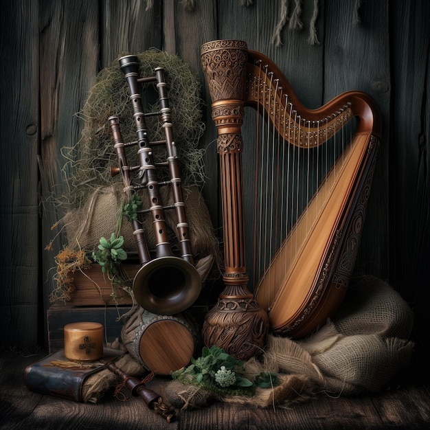 Classic Woodwind and String Instruments Still Life