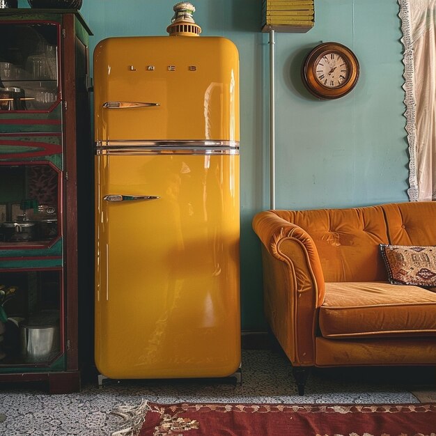 Photo classic yellow fridge in a cozy living space