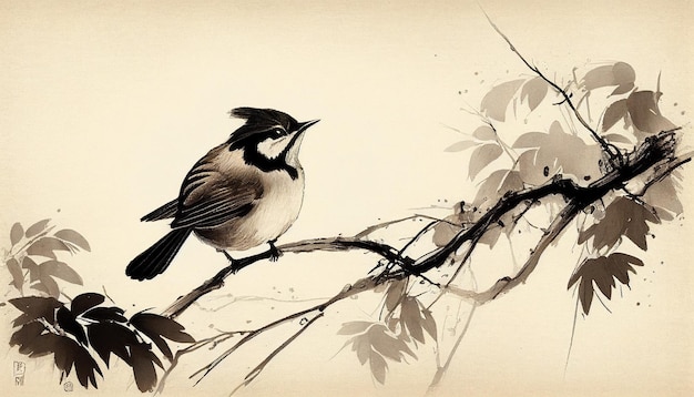 Classical Chinese ink painting bird on a branchGenerative AI