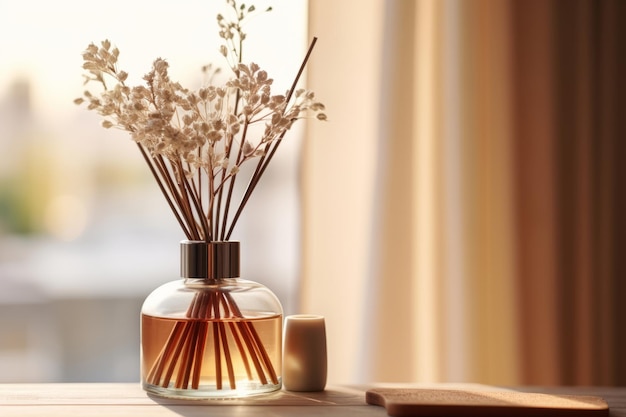 Photo classical elegance reed diffuser in natural colors luxury aroma reed diffuser bottle is used as air freshener generative ai