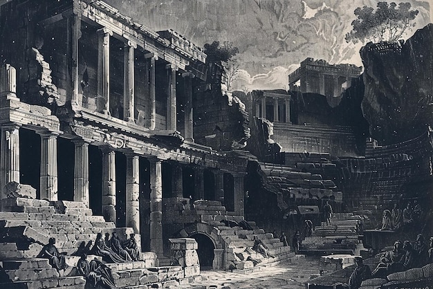 Classical Greek theater captured in detailed historical engravings