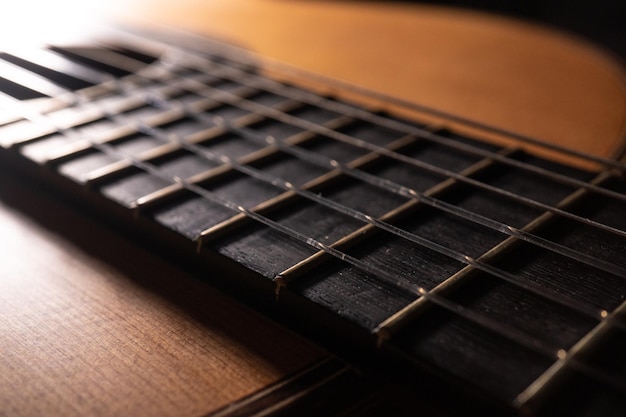 Classical guitar on black background Acoustic guitar conceptPerfect for flyer card poster or wallpaper