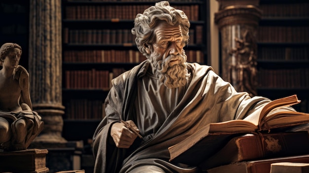 Classical historian with scrolls books statue symbolizes knowledge quest