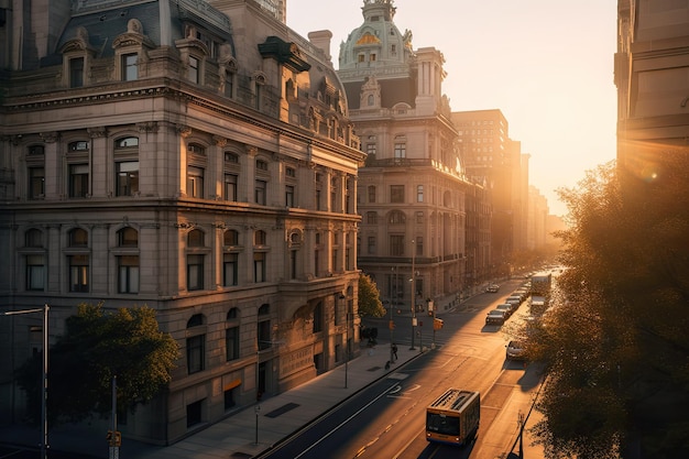 Classical and historical building with view of bustling city street during golden hour