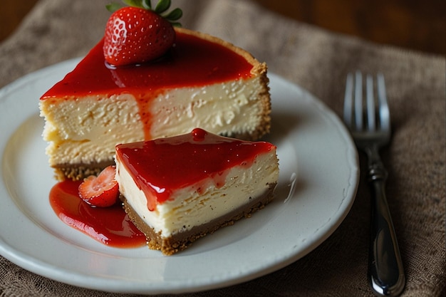 Classical new york cheesecake with strawberry sauce