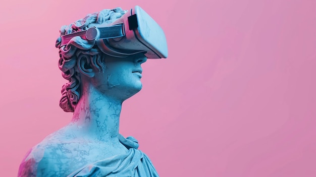 Classical Statue wearing Virtual Reality Headset Soft Pink Background with copy space AI Generated