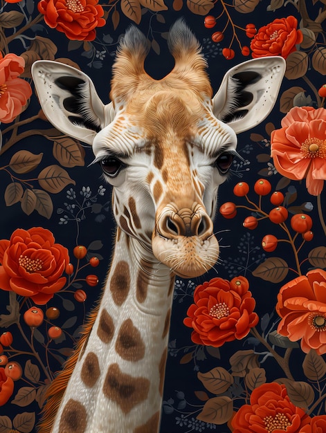 Classical style art illustration of Giraffe surrounded by flowers