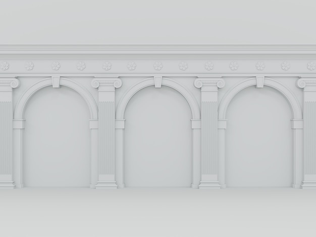 Classical style white empty wall 3d render.A blank wall decorate with colonial column and arch.