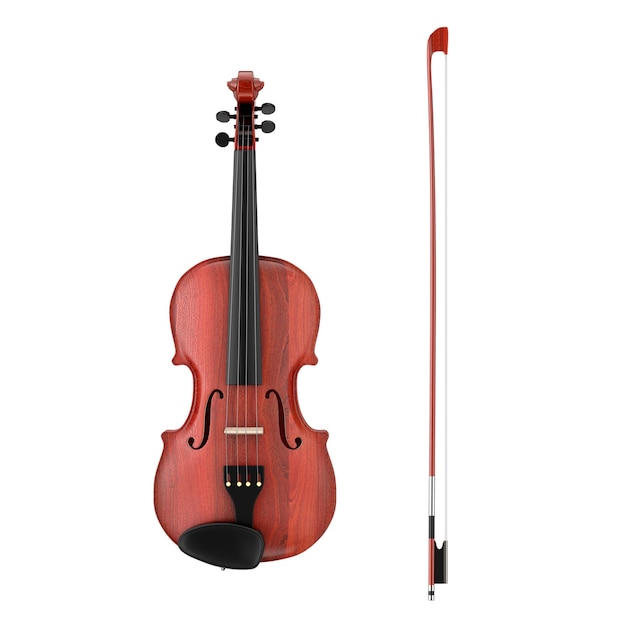 Classical Wooden Violin with Bow on a white background. 3d Rendering