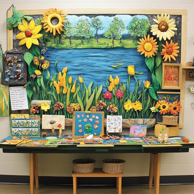 Photo a classroom bulletin board displaying a themebased learning display or student work