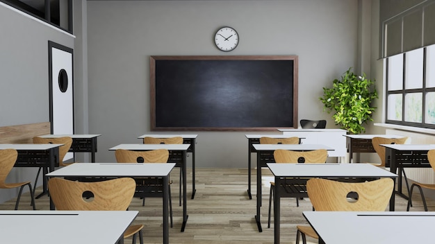 Classroom design with modern desks seats blackboard watch and door 3D rendering