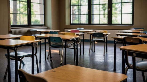 Classroom desks neatly arranged awaiting the return of students