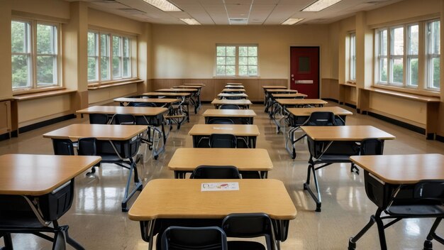 Classroom desks neatly arranged awaiting the return of students