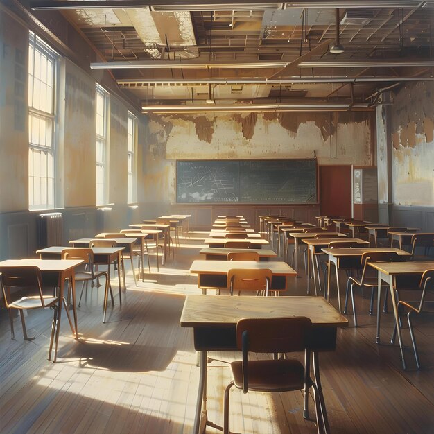 A Classroom Filled With Desks And Chairs