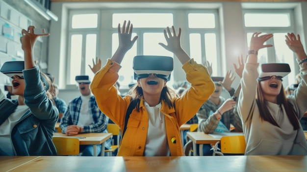 Photo a classroom full of excited students engaging in a vr experience epitomizing the intersection of education and cuttingedge technology