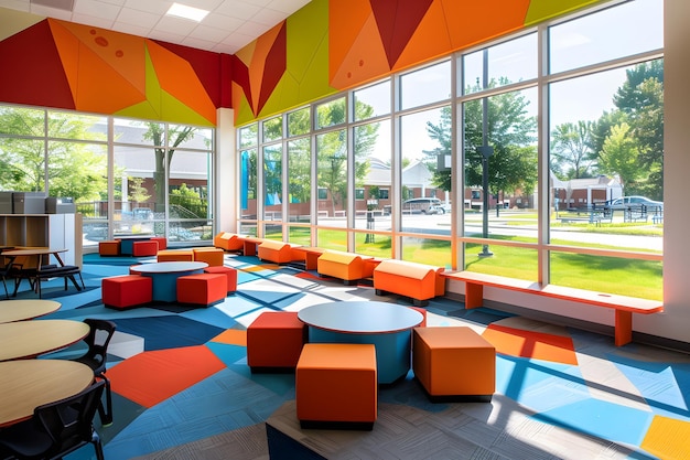 Photo classroom in a geometric school building with innovative design and vibrant colors