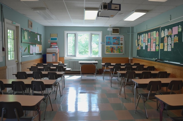 The classroom has a modern teachers desk and a teachers desk in the middle AI Generated